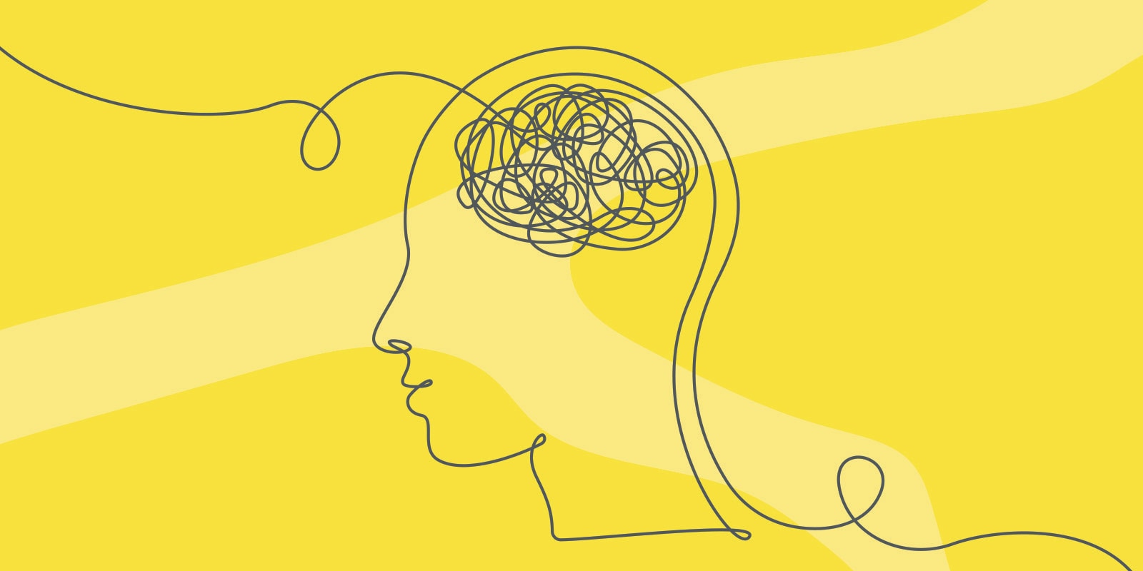 Line drawing of a profile view of a human head with a tangled scribble representing thoughts on a yellow background.