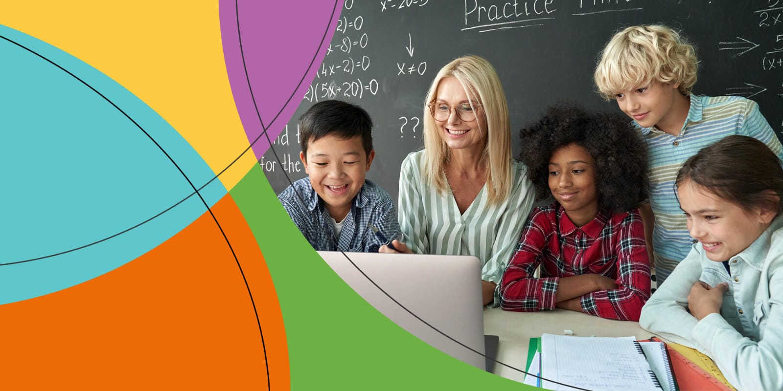Teacher and 4 students looking at computer screen