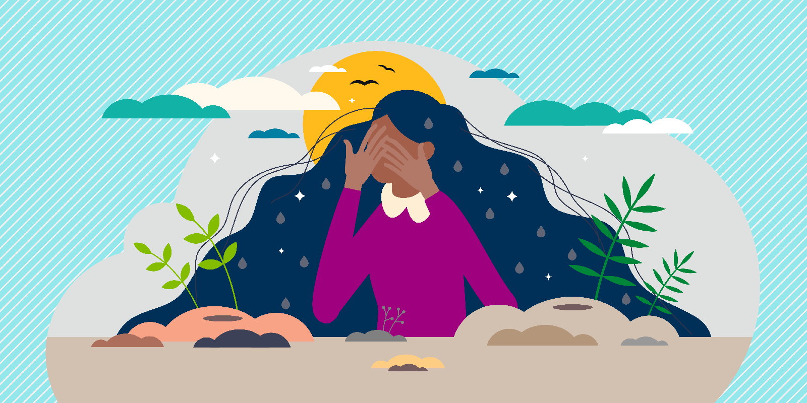 Abstract graphic illustration of person with hands over their face