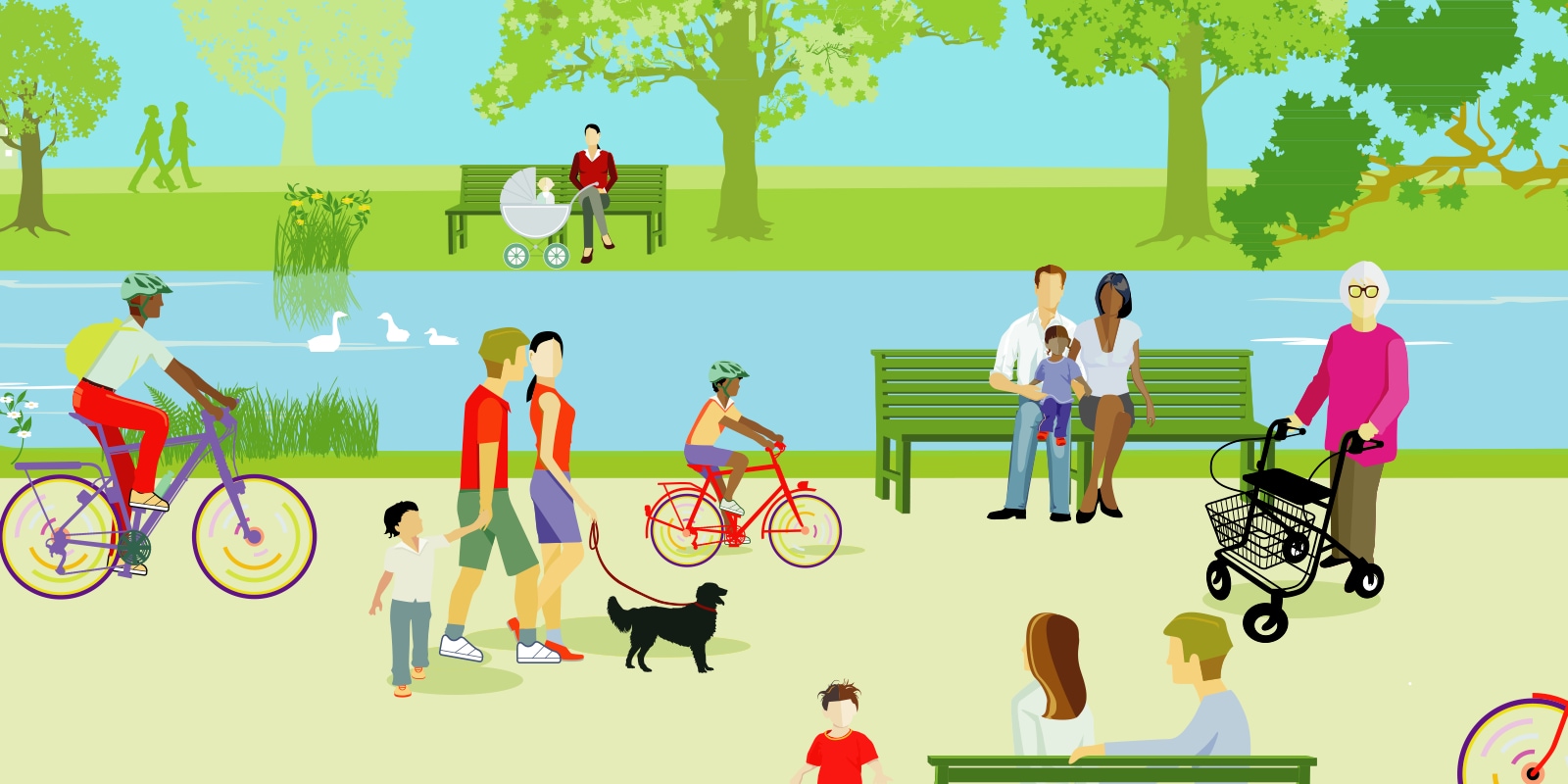 Illustration: Diverse people walking, biking, and hanging out in a park.