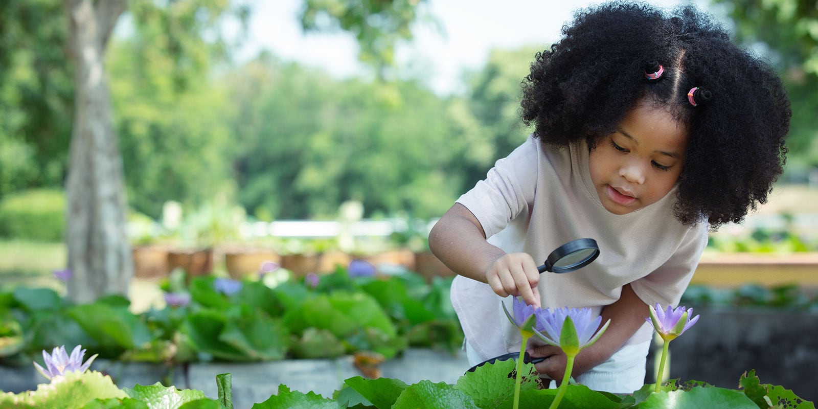 Youg girl using a magnifying glass to look at plants and bugs. 